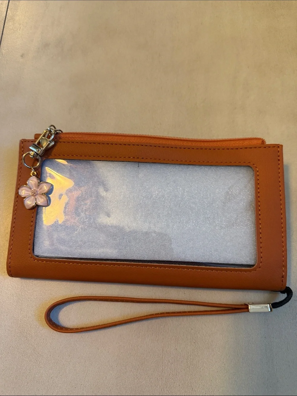 Tan Wristlet Phone Case with Flower Charm
